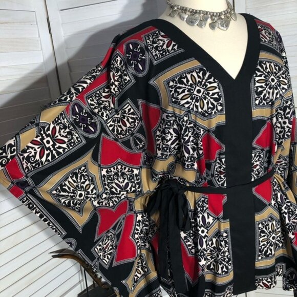 Nicole Miller boho oversized kimono style red black tan floral tunic blouse XL - Picture 3 of 13